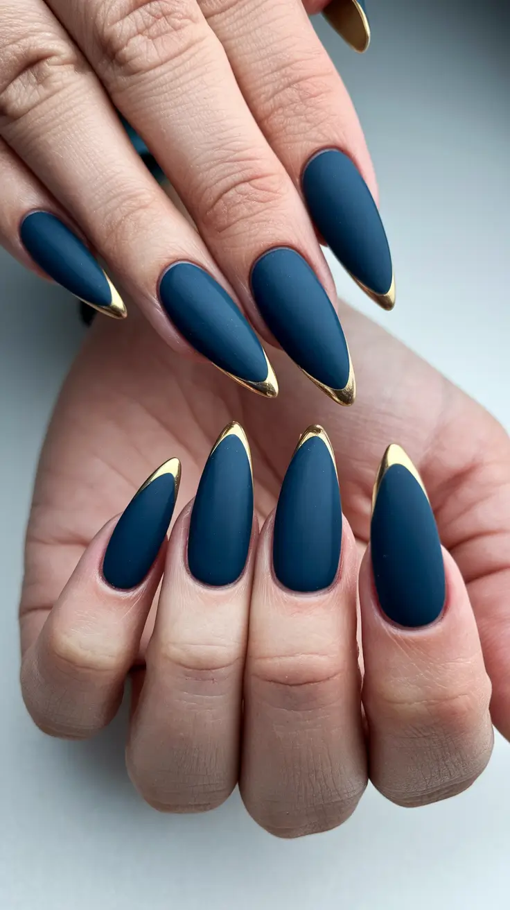 Stylish Fall Stiletto Nails 2025 Matte Navy with Golden Tips