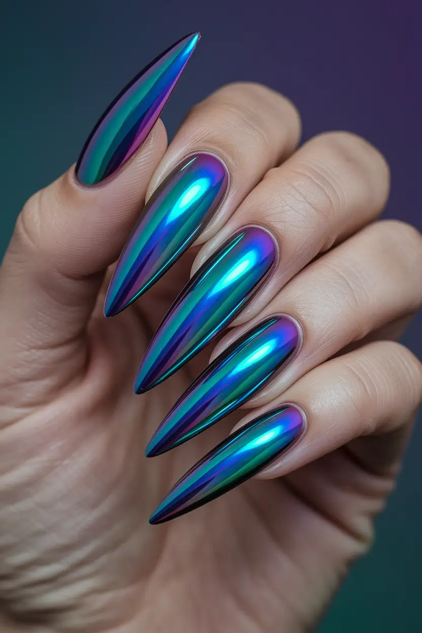 Stylish Fall Stiletto Nails 2025 Iridescent Galaxy Vibes