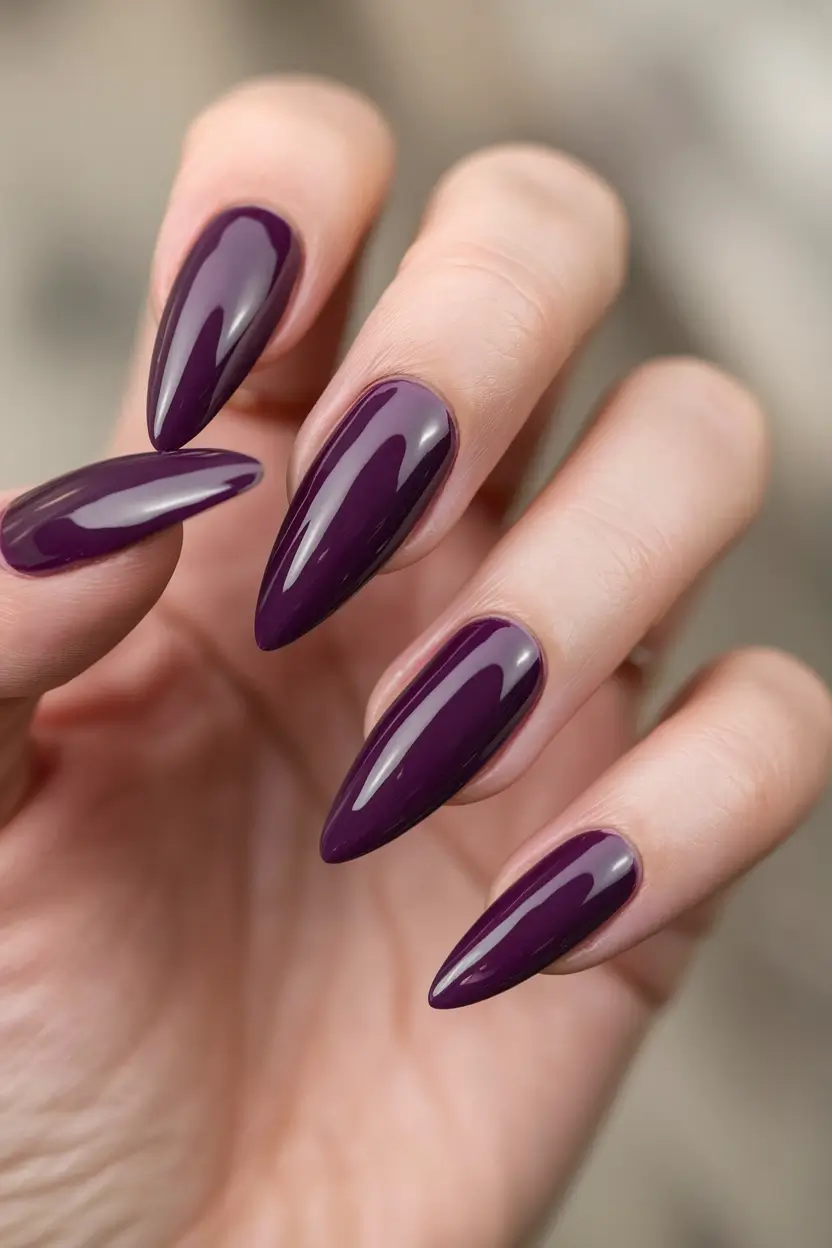 Stylish Fall Stiletto Nails 2025 Aubergine Shine for Crisp Days