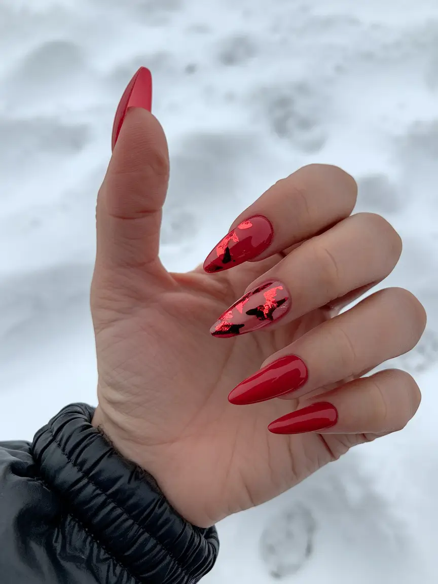 Stylish Fall Stiletto Nails 2025 Cherry Red with Foil Accent