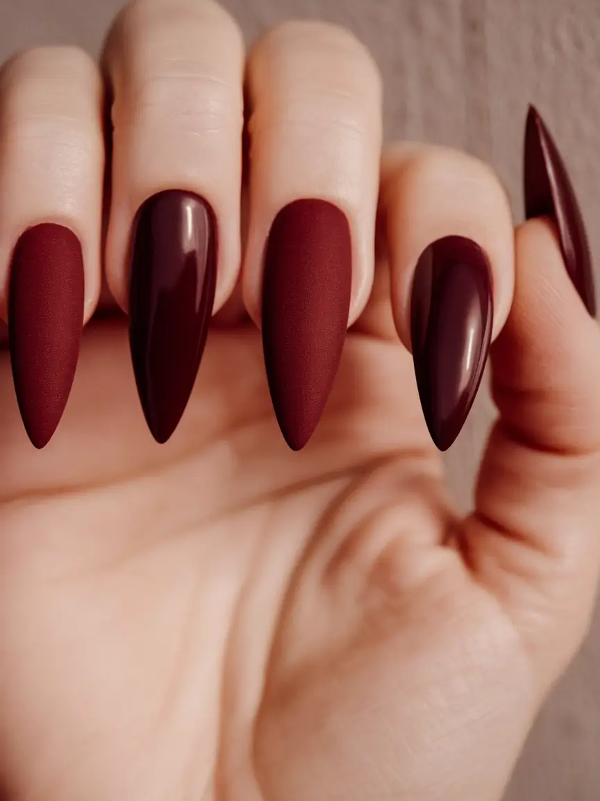Stylish Fall Stiletto Nails 2025 Velvety Burgundy in Mixed Textures