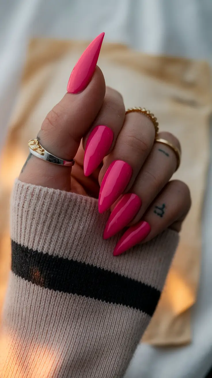 Stylish Fall Stiletto Nails 2025 Bold Pink for Brisk Days