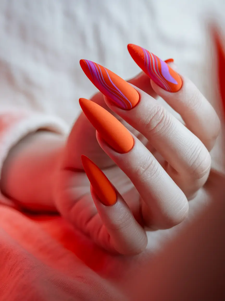 Stylish Fall Stiletto Nails 2025 Matte Orange Meets Psychedelic Swirls