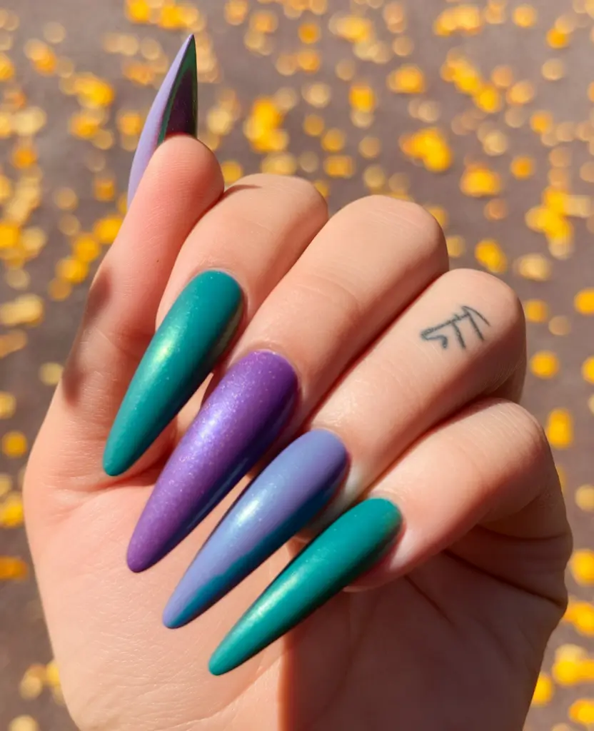 Stylish Fall Stiletto Nails 2025 Gradient Groove in Jewel Tones