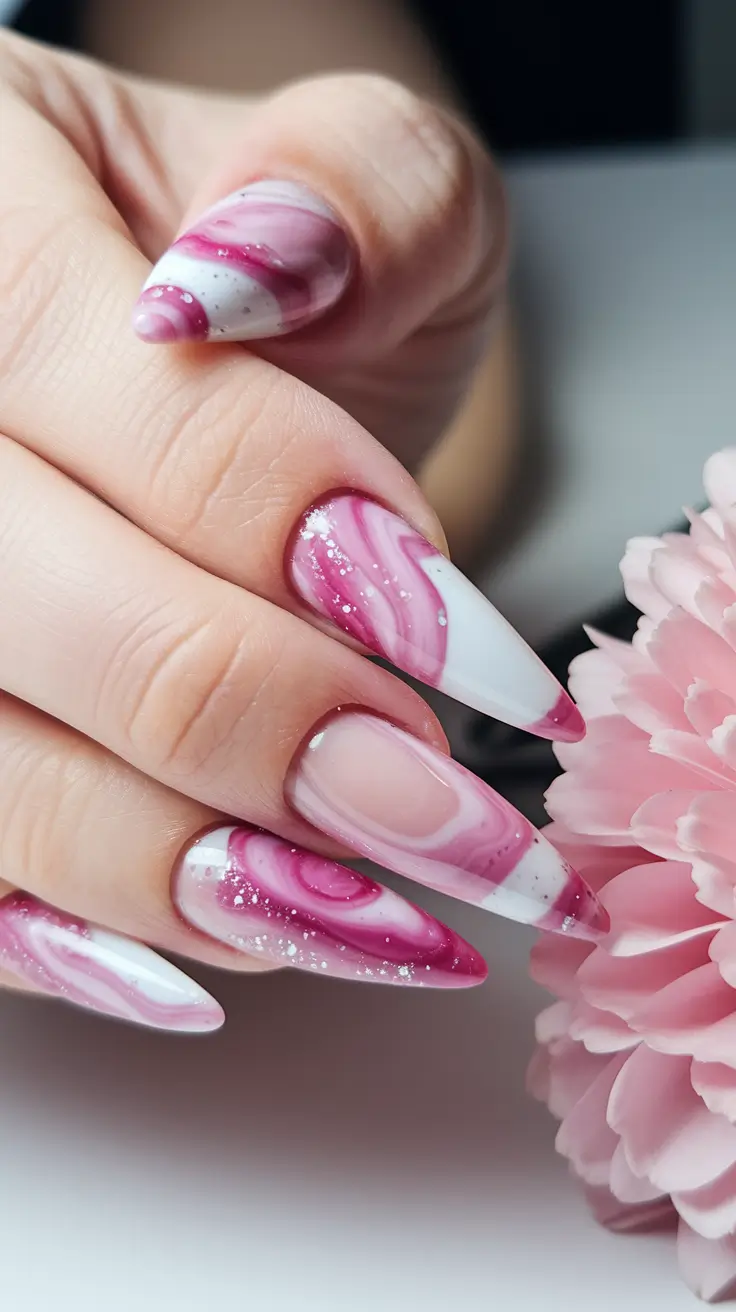 Stylish Fall Stiletto Nails 2025 Swirled Pink Marble Fantasy