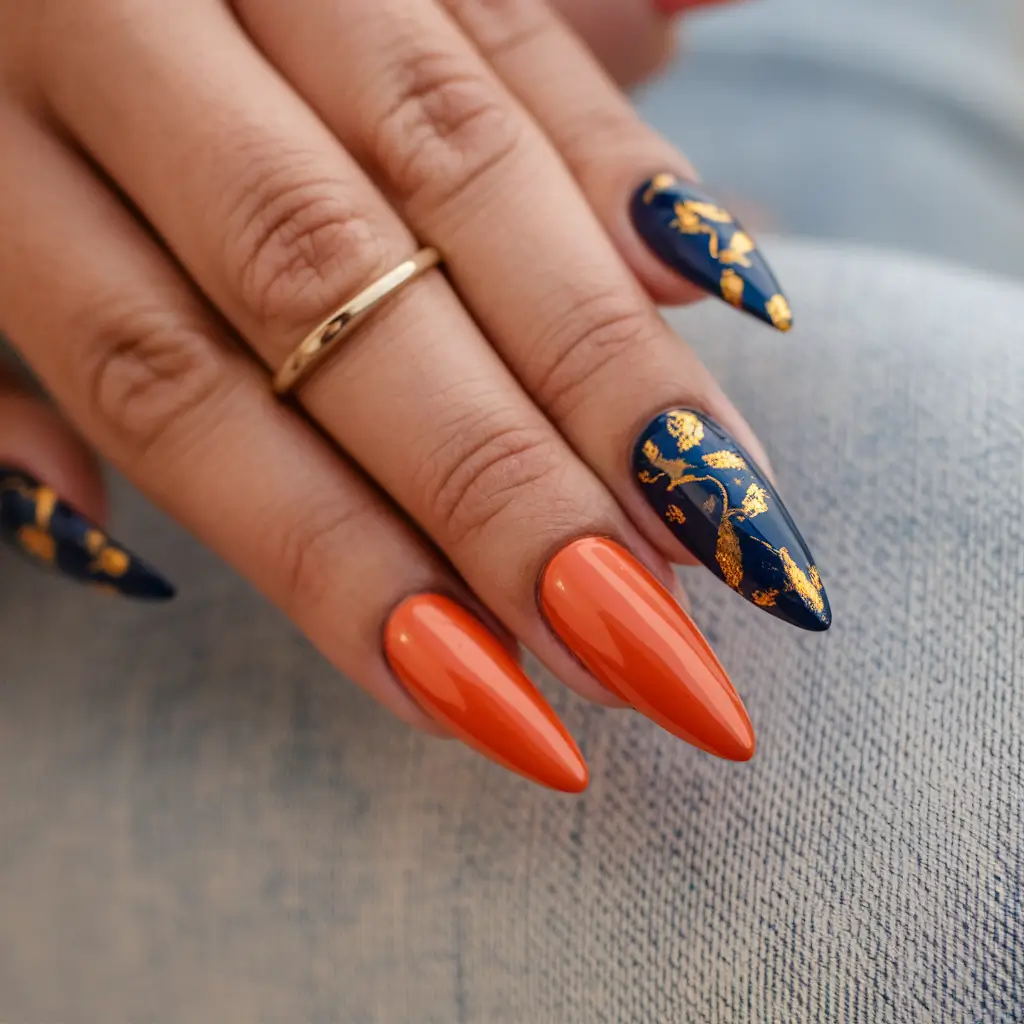 Stylish Fall Stiletto Nails 2025 Golden Foil and Pumpkin Spice