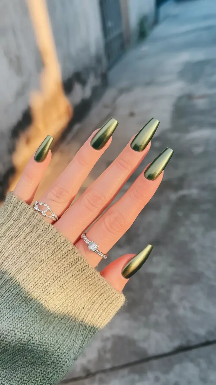 Stylish Fall Wedding Nails 2025 Elegant Olive Chrome for the Autumn Bride