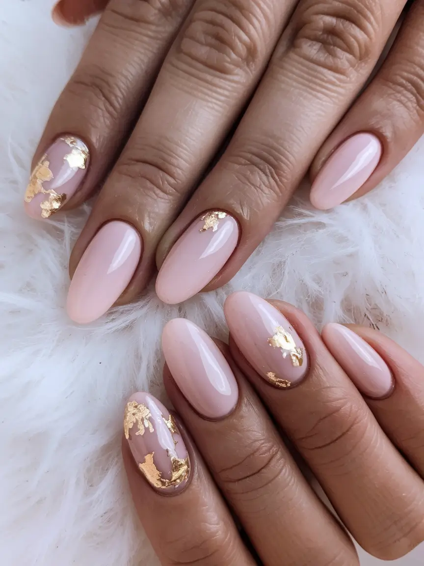 Stylish Fall Wedding Nails 2025 Blush Ombre with Gold Leaf Detailing