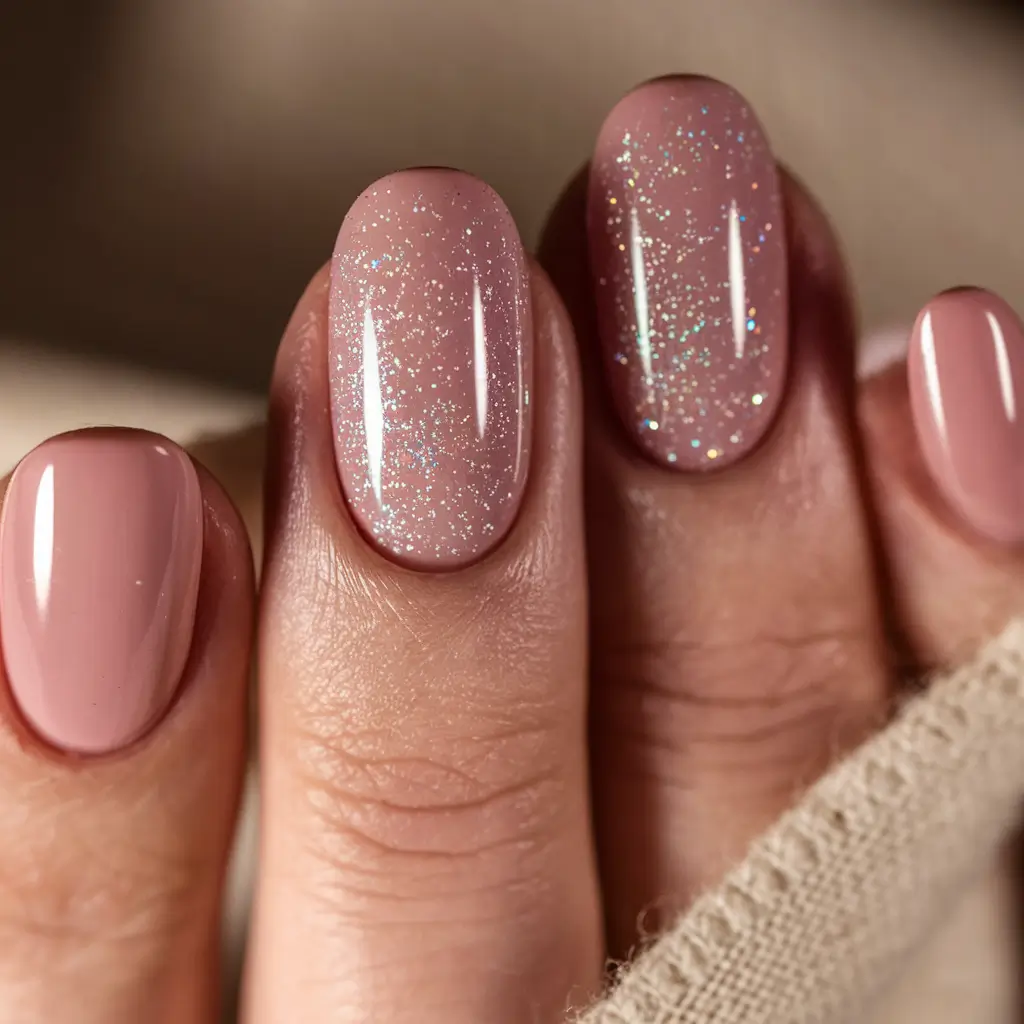 Stylish Fall Wedding Nails 2025 Rose Nude with Stardust Sparkle