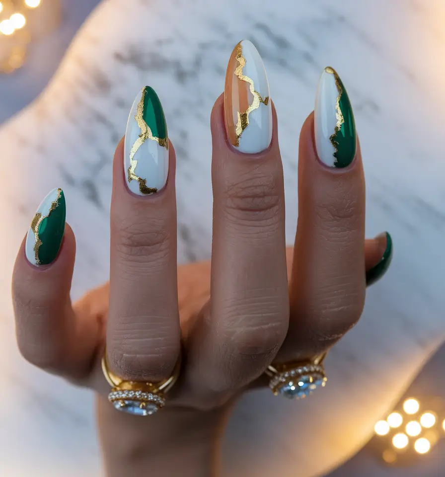 Stylish Fall Wedding Nails 2025 White and Emerald with Gold Veining