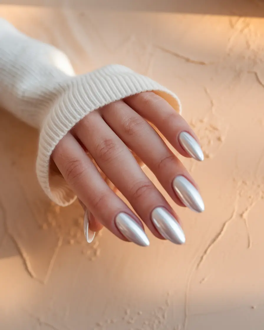 Stylish Fall Wedding Nails 2025 Mirror-Finish Silver Almond