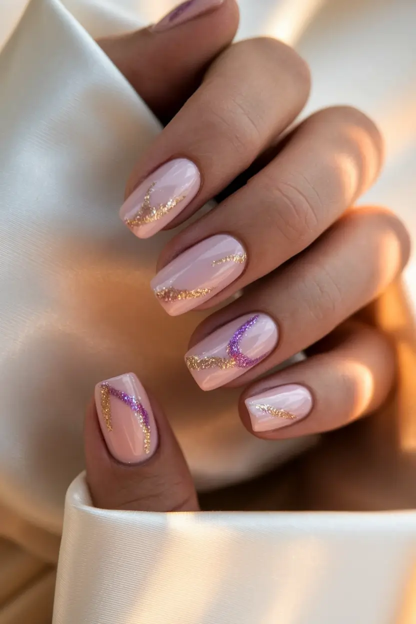 Stylish Fall Wedding Nails 2025 Soft Pink with Gold and Lavender Glitter Ribbons