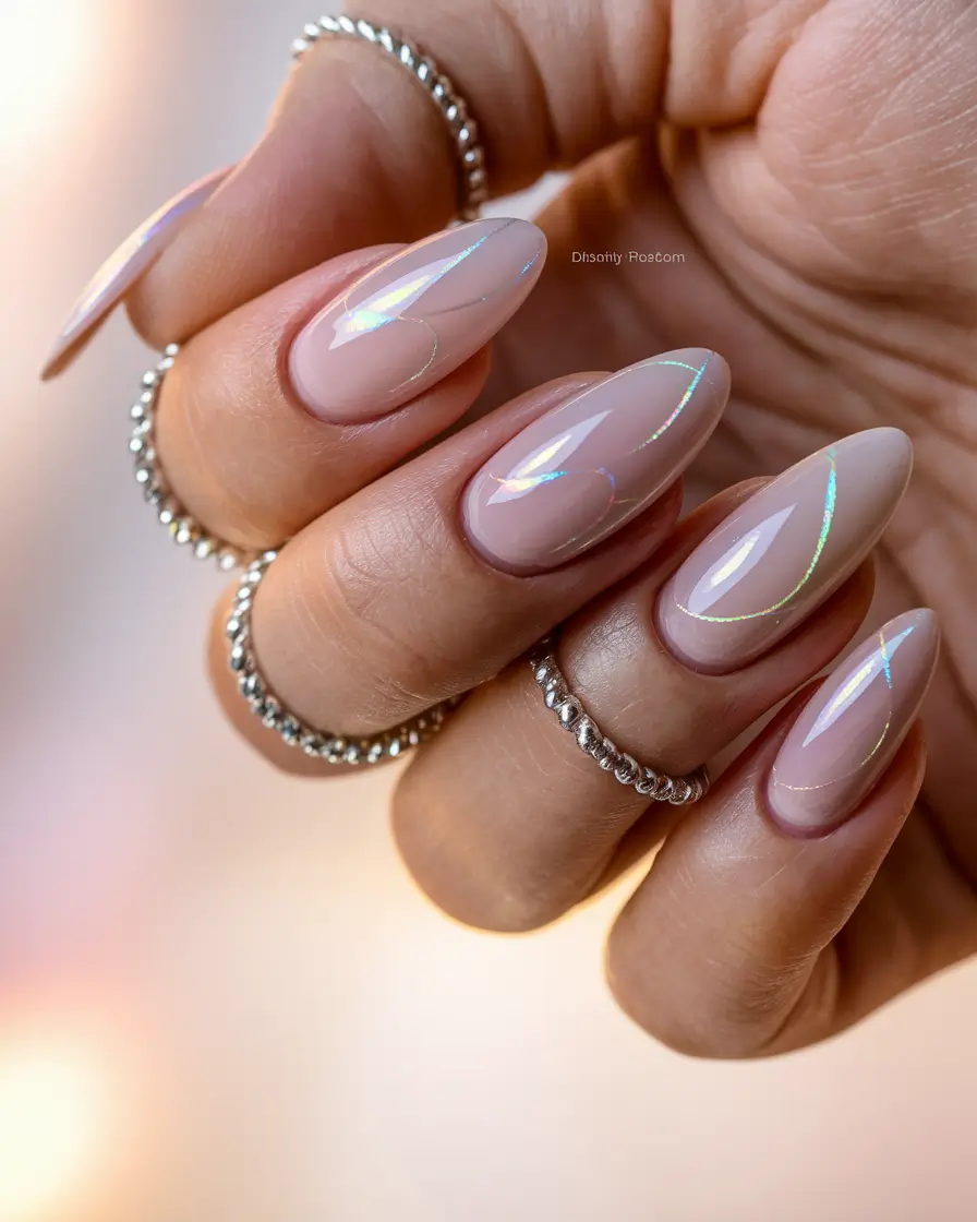 Stylish Fall Wedding Nails 2025 Sheer Nude Almond with Iridescent Tracing