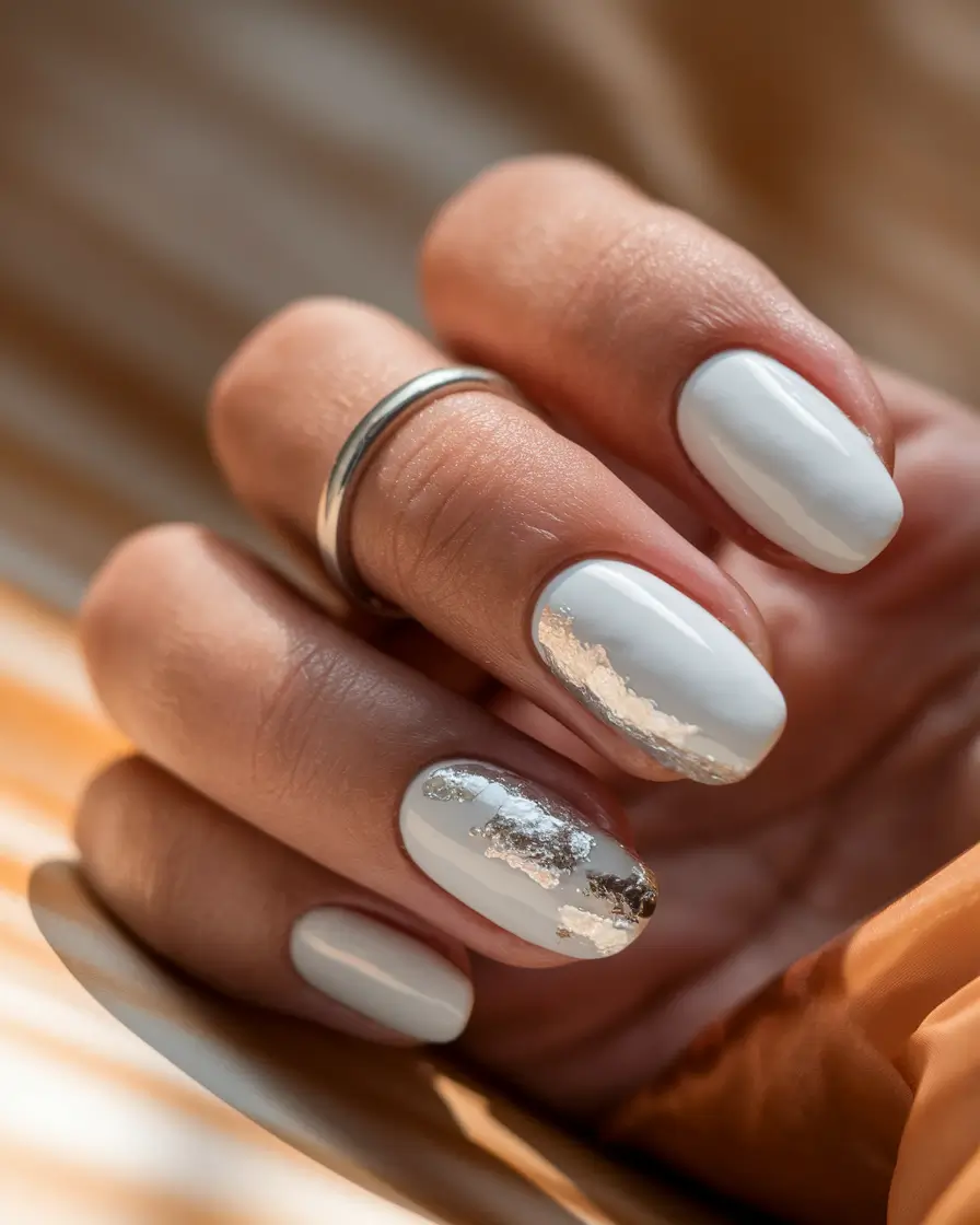 Stylish Fall Wedding Nails 2025 White Minimalism with Silver Foil Accent