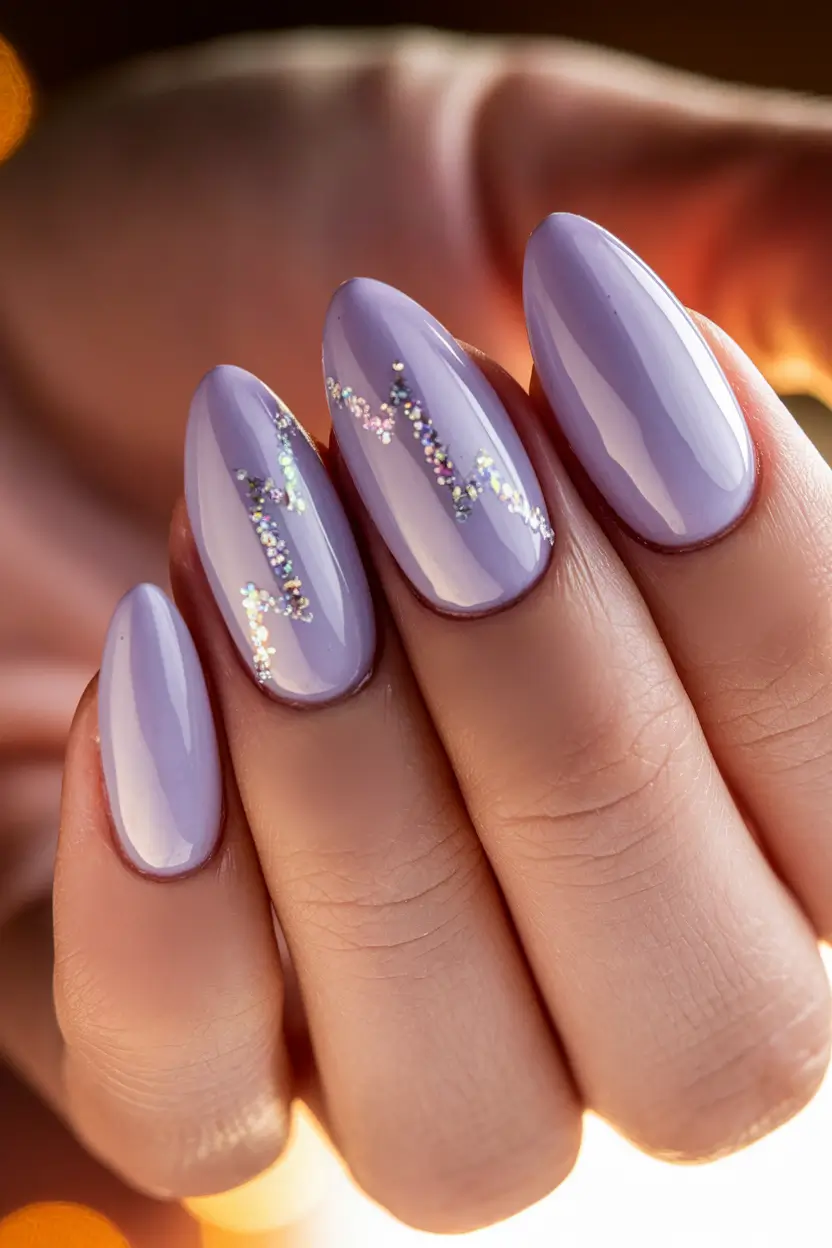 Stylish Fall Wedding Nails 2025 Lavender Almond with Glitter Lightning