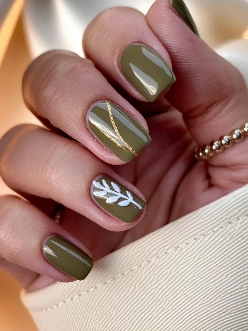 Stylish Olive Green Fall Nails 2025 Olive Nails with Leafy Detail