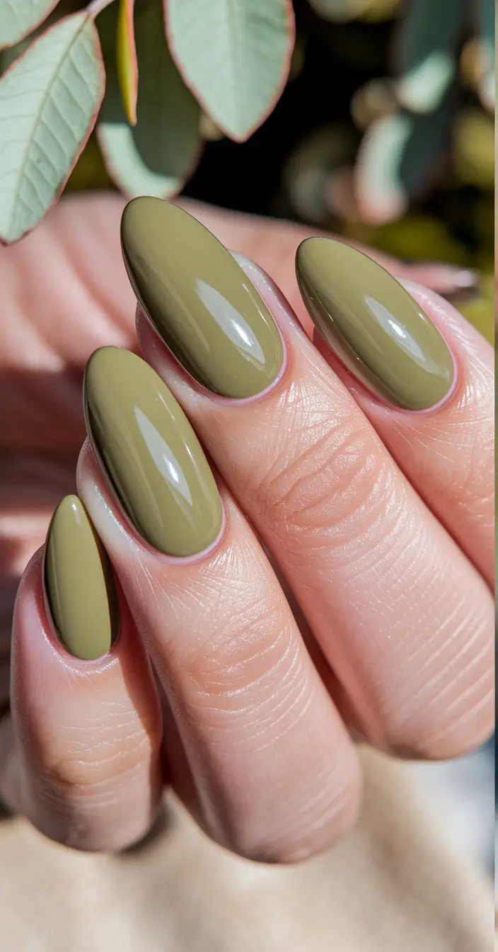 Stylish Olive Green Fall Nails 2025 Bright Olive Almond Glow