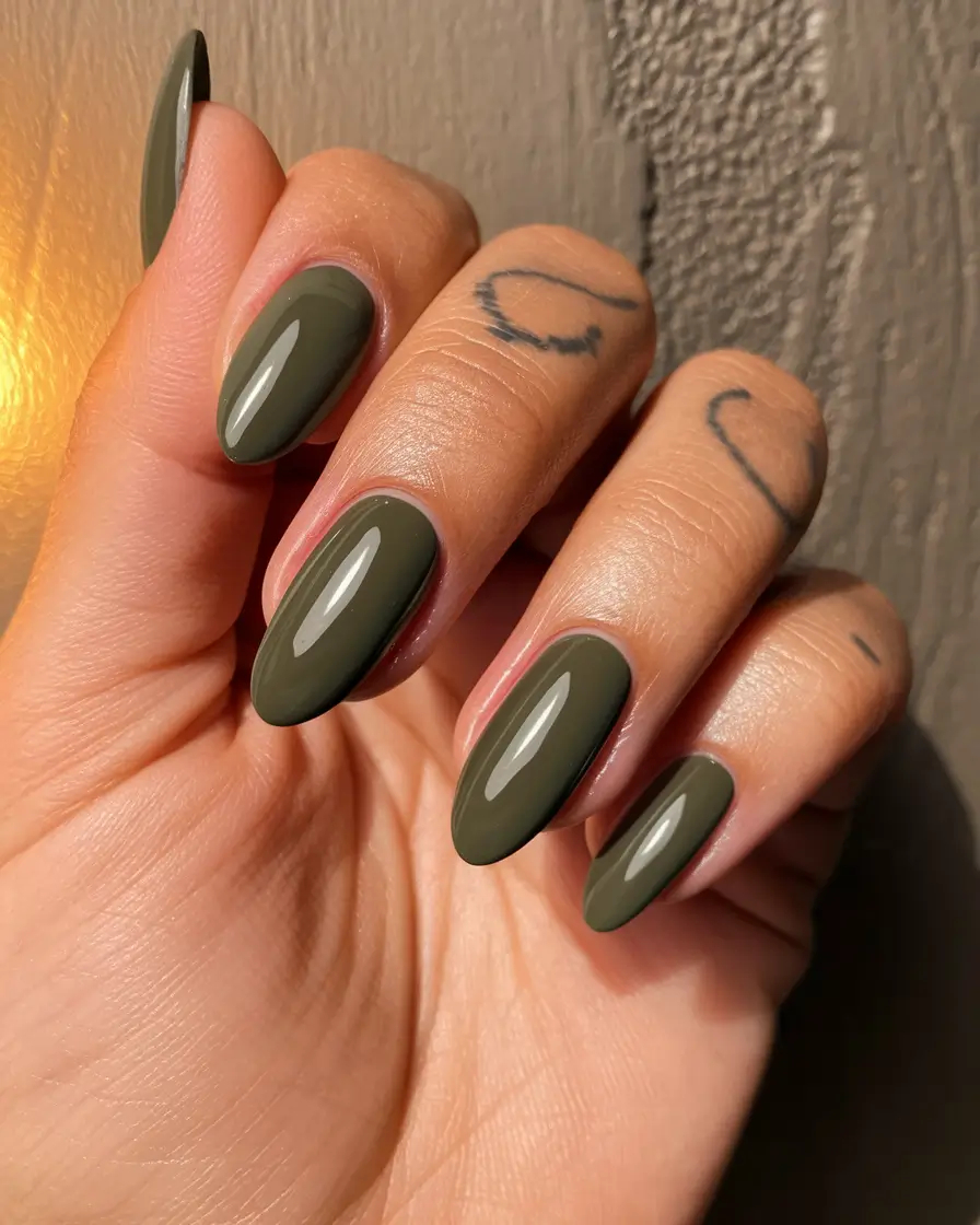 Stylish Olive Green Fall Nails 2025 Deep Olive Almond Elegance