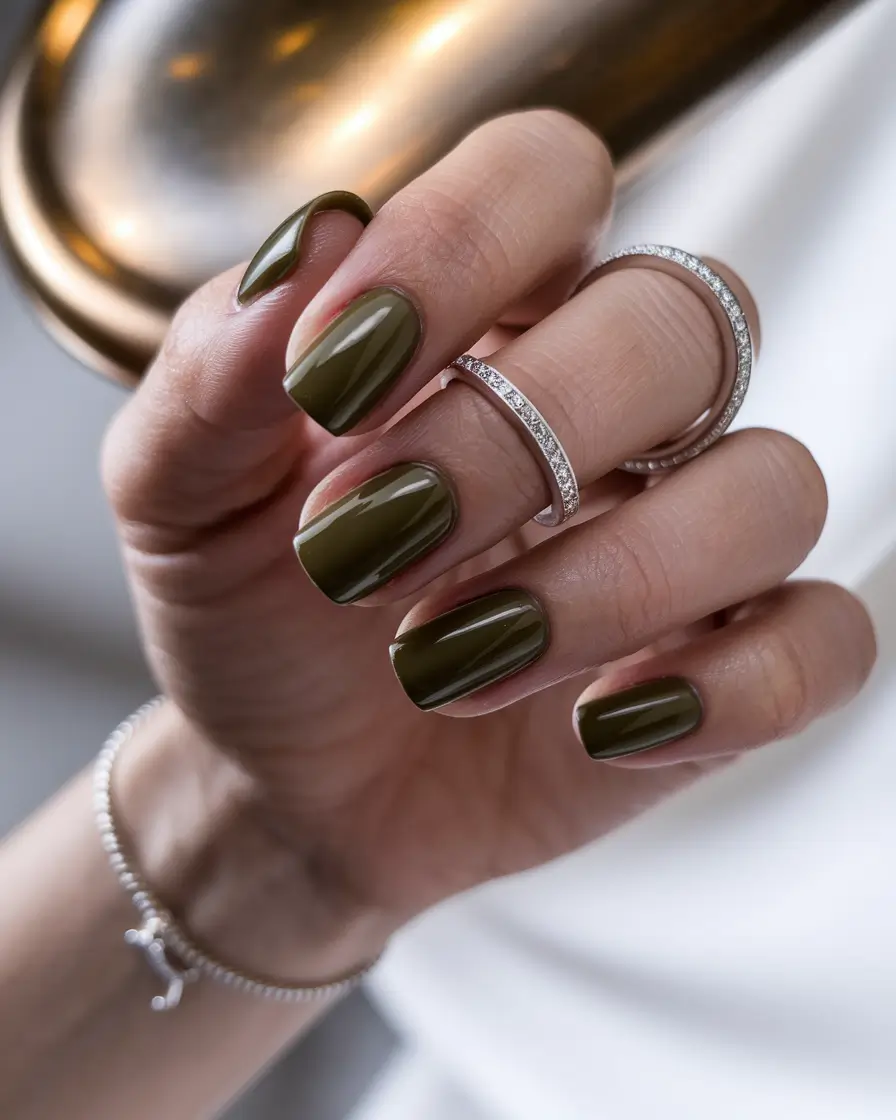 Stylish Olive Green Fall Nails 2025 Classic Glossy Olive Square