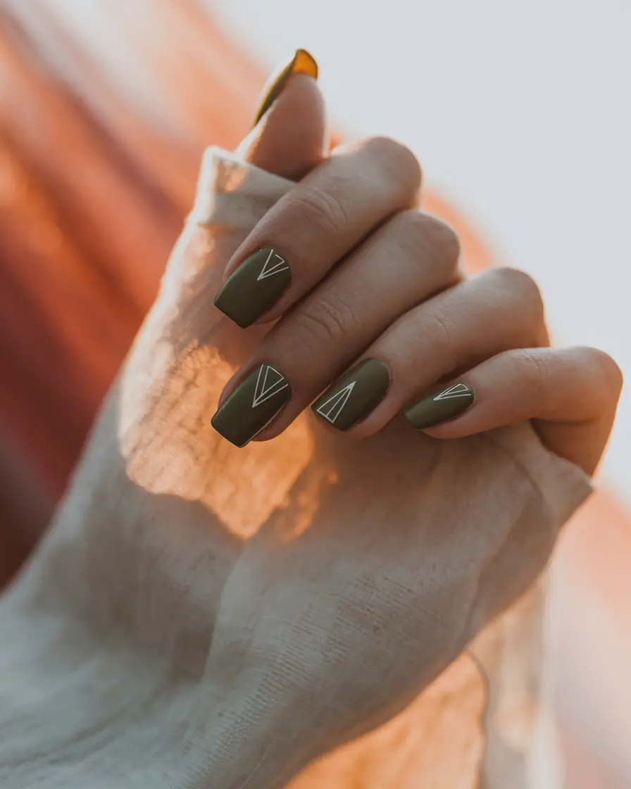 Stylish Olive Green Fall Nails 2025 Matte Olive with Geometric Lines