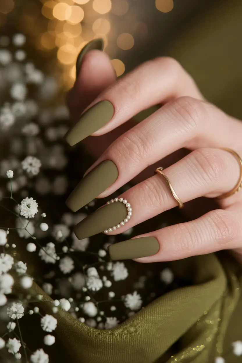 Stylish Olive Green Fall Nails 2025 Olive Matte with Pearl Accent