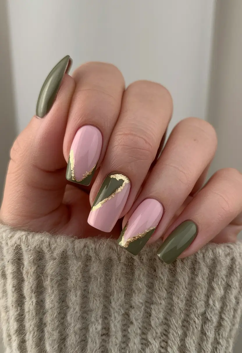 Stylish Olive Green Fall Nails 2025 Pink and Olive Contrast with Gold