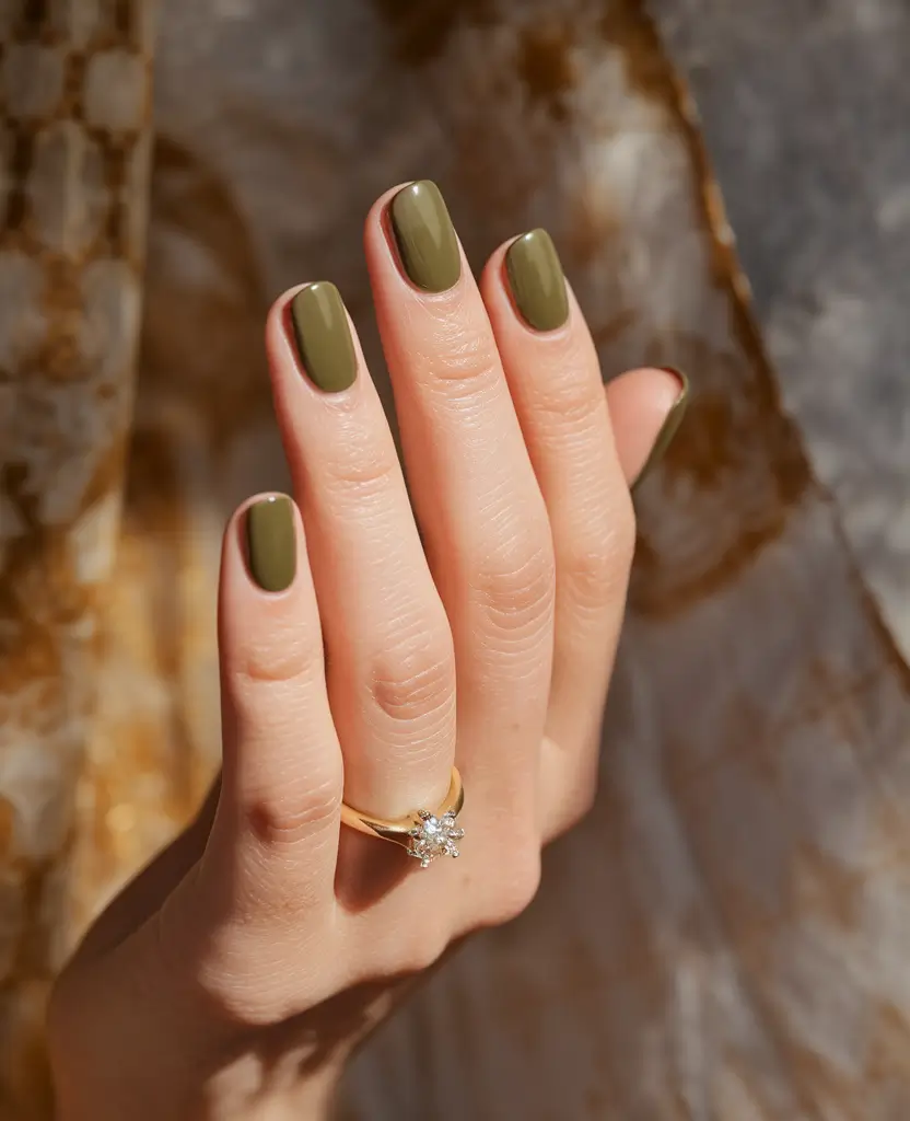 Stylish Olive Green Fall Nails 2025 Glossy Olive Everyday Square