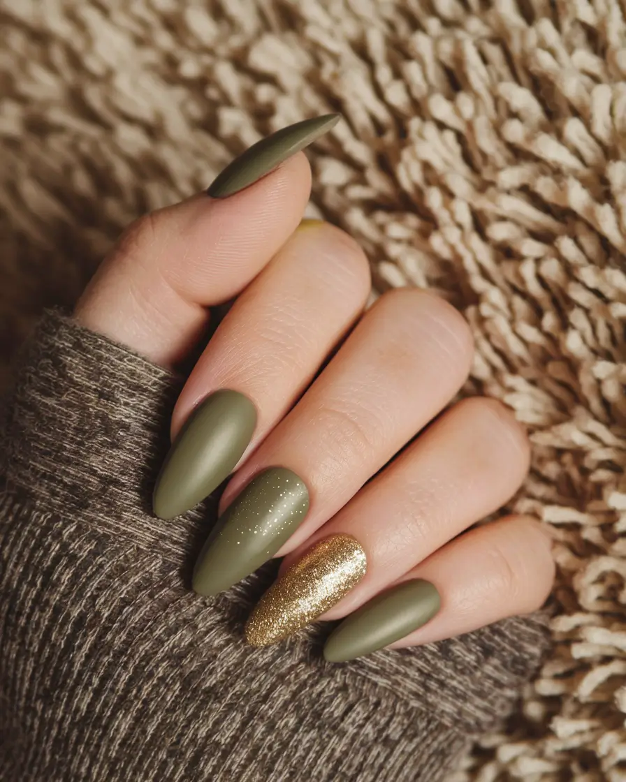 Stylish Olive Green Fall Nails 2025 Matte Olive with Gold Accent