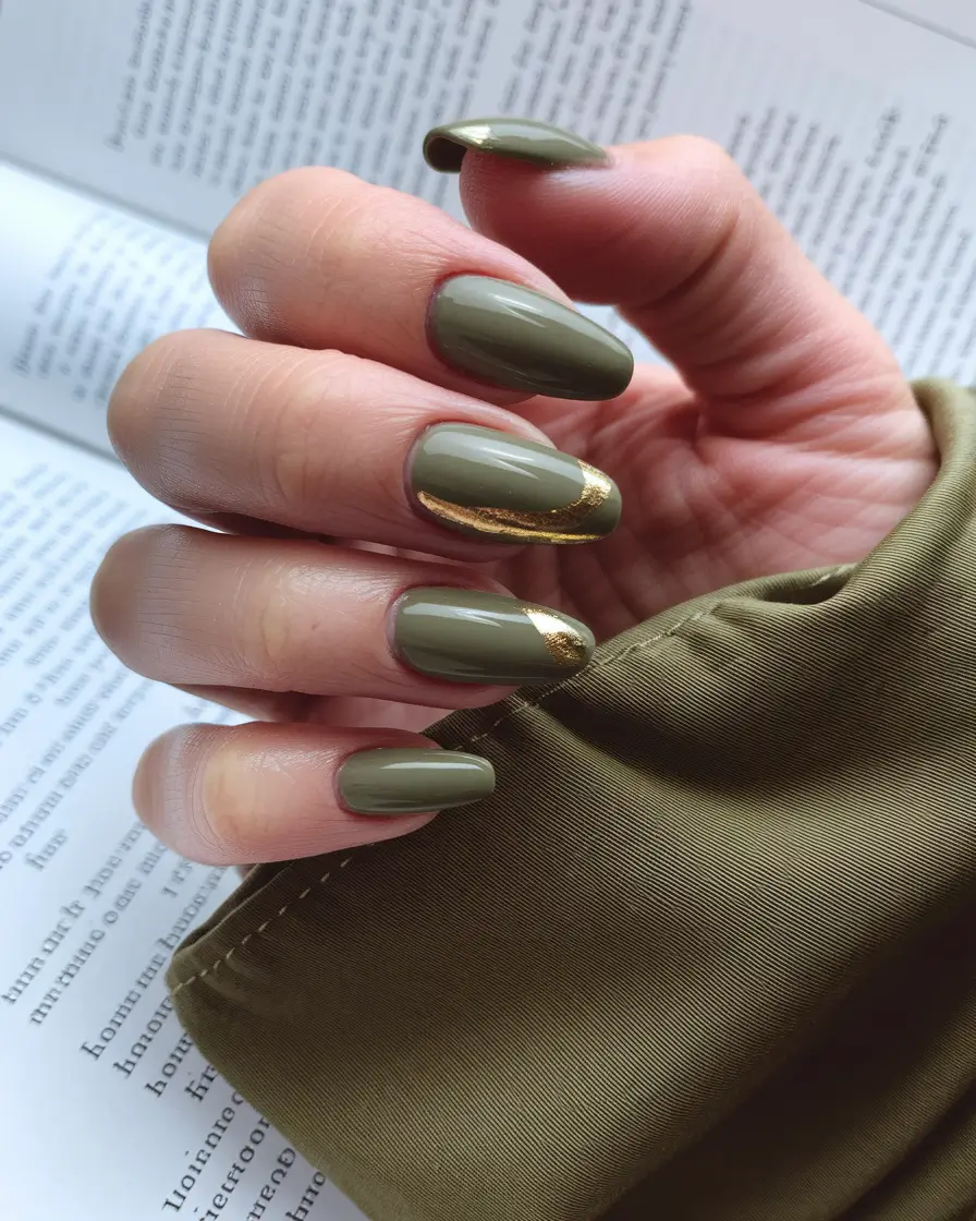 Stylish Olive Green Fall Nails 2025 Gold-Tipped Olive Charm
