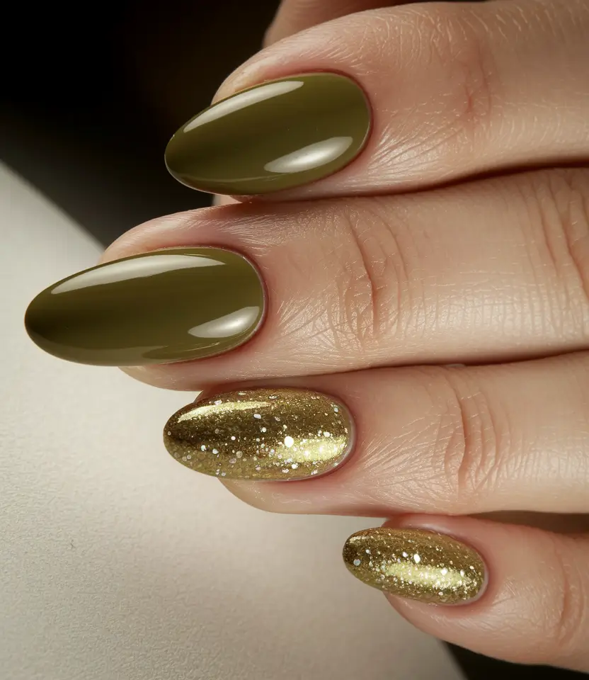 Stylish Olive Green Fall Nails 2025 Olive Green with Golden Sparkle