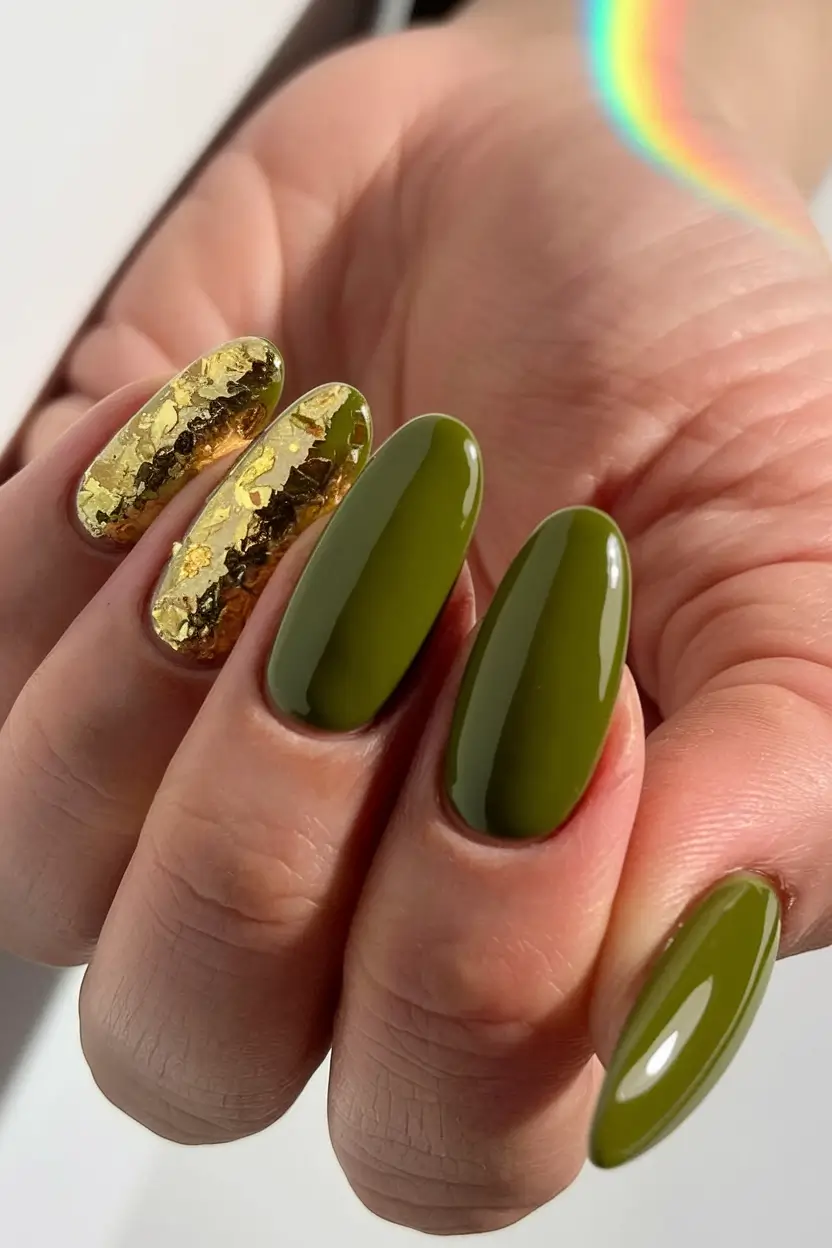 Stylish Olive Green Fall Nails 2025 Rich Olive with Gold Leaf Accents