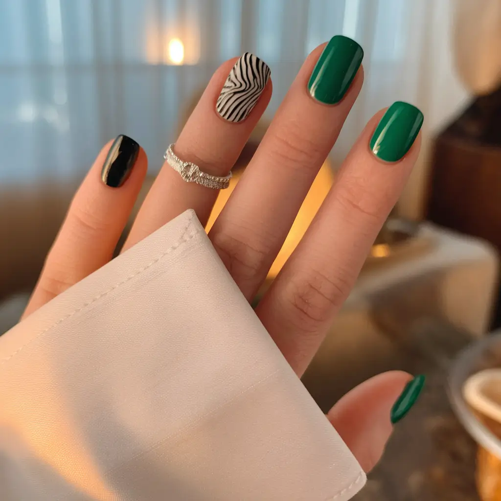 Trendy Autumn Nail Colors 2025 Green Energy with Zebra Accent