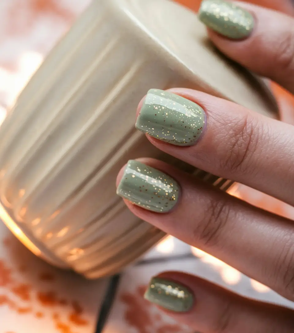 Trendy Autumn Nail Colors 2025 Sage Green with Golden Sparkle
