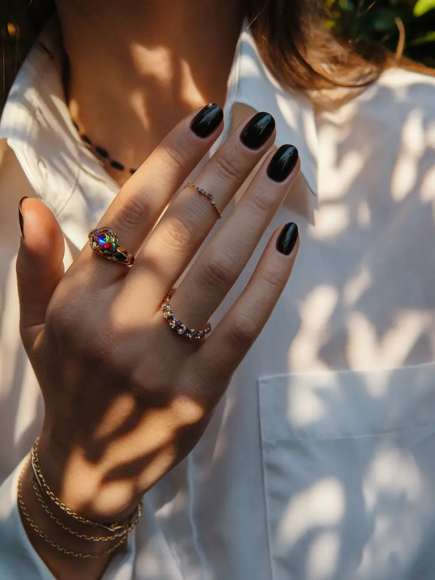 Trendy Autumn Nail Colors 2025 Midnight Gloss Black