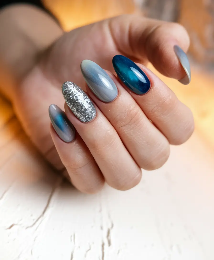 Trendy Autumn Nail Colors 2025 Blue-Grey Metallic Mix