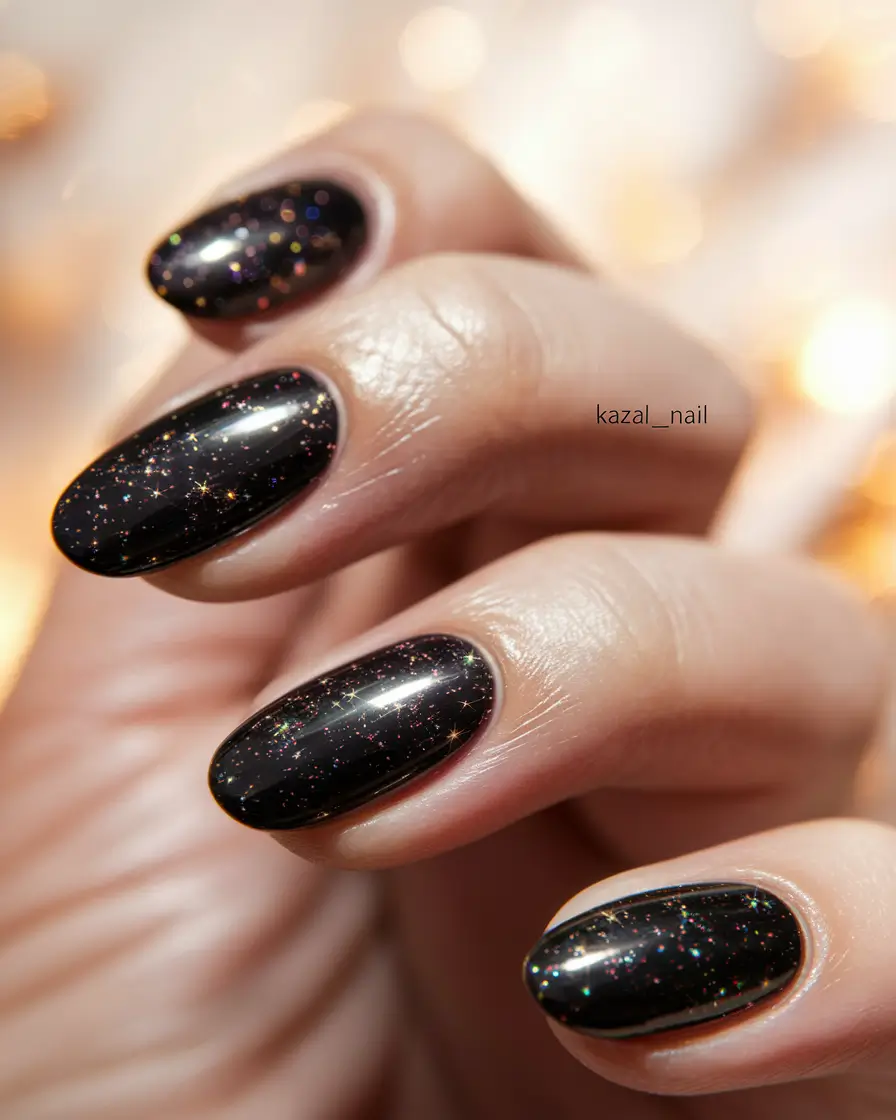 Trendy Autumn Nail Colors 2025 Cosmic Black Stardust