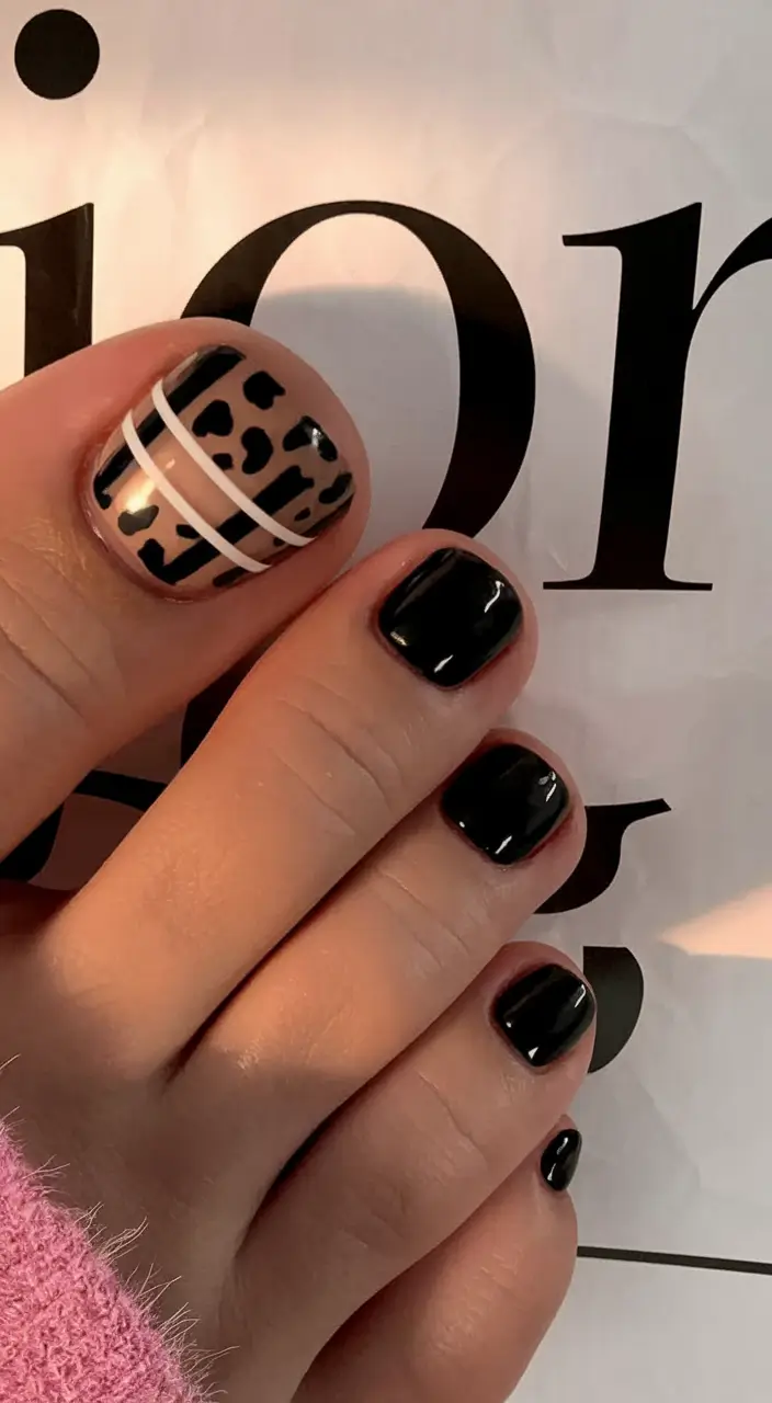 Trendy Fall Pedicure Colors 2025 Leopard Accent with Sleek Stripes
