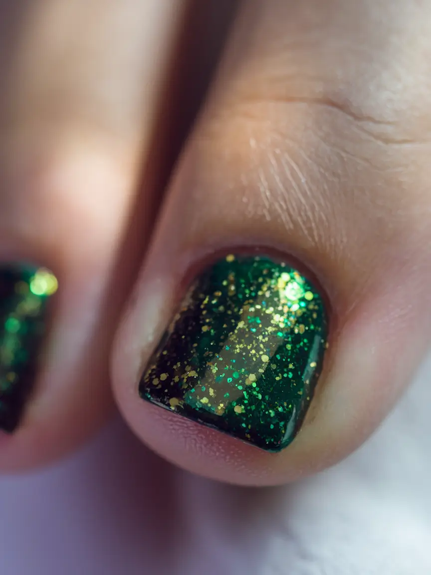 Trendy Fall Pedicure Colors 2025 Emerald Glitter Glam