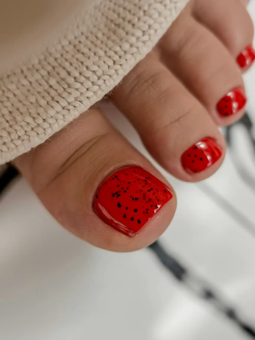 Trendy Fall Pedicure Colors 2025 Fiery Red with Speckle Detail