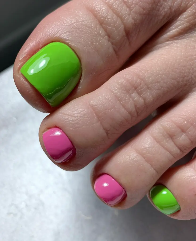 Trendy Fall Pedicure Colors 2025 Vibrant Pink and Lime Duo
