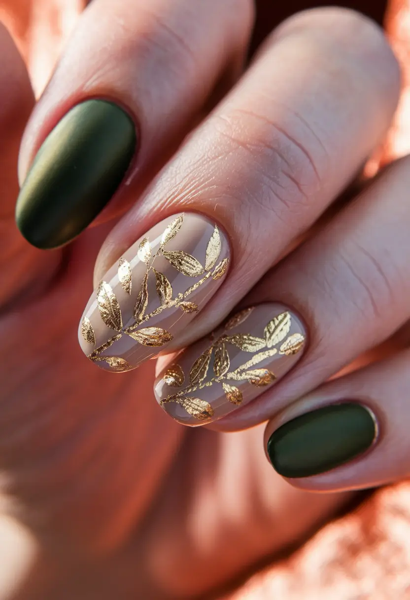 Trendy Gold Fall Nails 2025 Olive Green with Golden Leaf Detailing