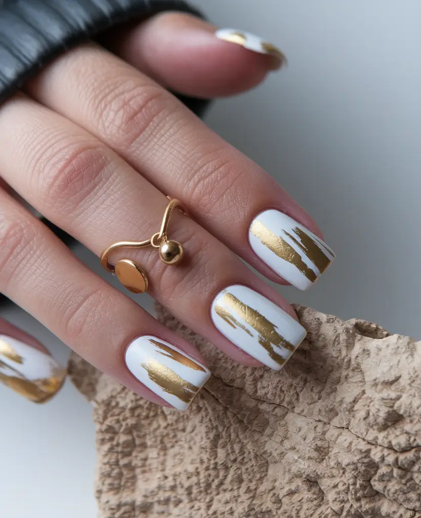 Trendy Gold Fall Nails 2025 White Canvas with Gold Brushstrokes