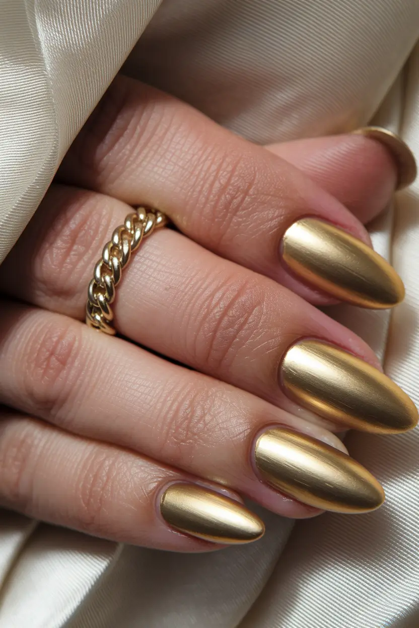Trendy Gold Fall Nails 2025 Golden Satin Allure