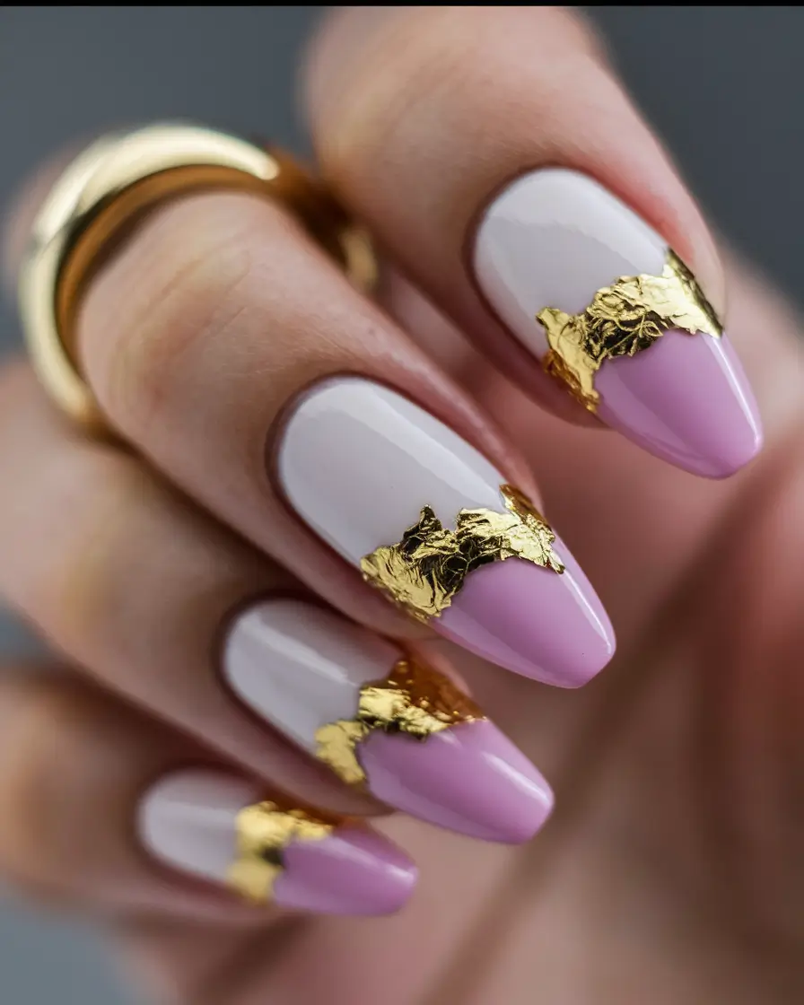 Trendy Gold Fall Nails 2025 Pink and White with Gold Foil