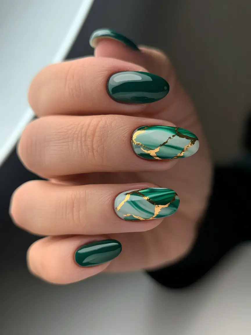 Trendy Gold Fall Nails 2025 Dark Green Marble with Gold Veins