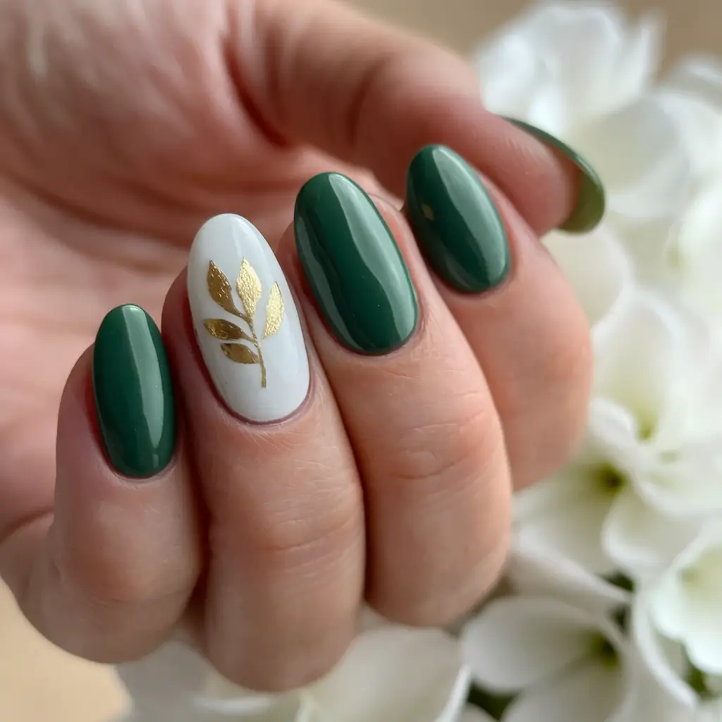Trendy Gold Fall Nails 2025 Dark Green with Golden Leaf Accent
