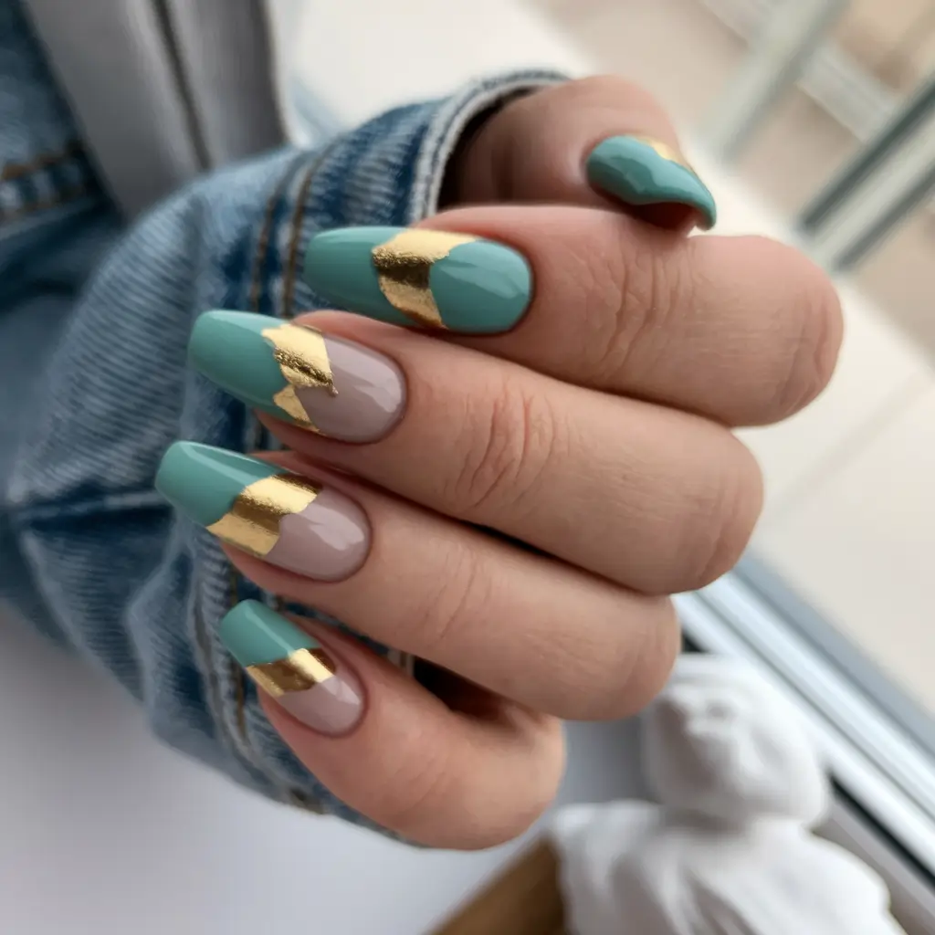 Trendy Gold Fall Nails 2025 Teal and Nude Geometric Tips