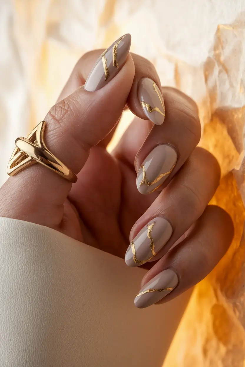 Trendy Gold Fall Nails 2025 Soft Beige with Golden Strokes
