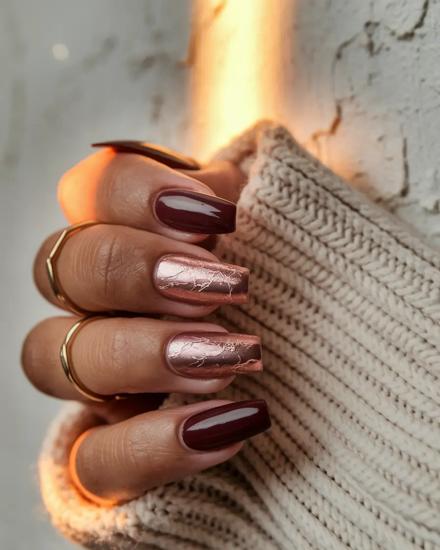Trendy Gold Fall Nails 2025 Burgundy and Rose Gold Metallic Contrast