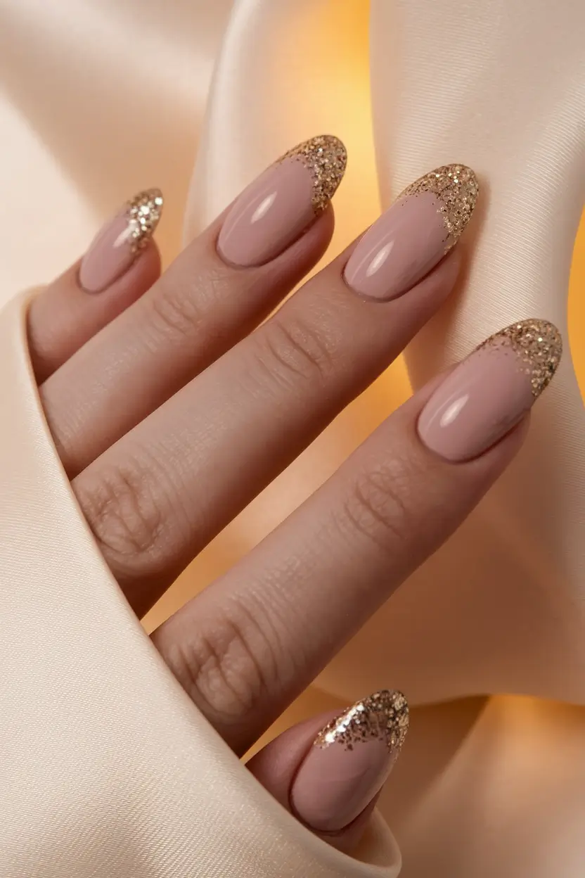Trendy Gold Fall Nails 2025 Golden Glitter Tips on Nude Base